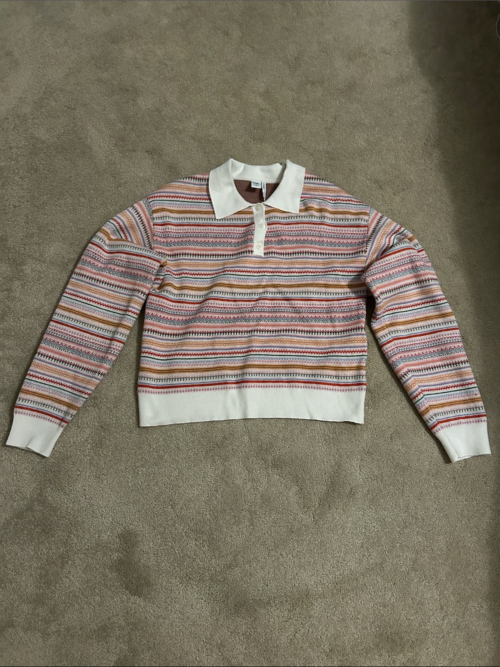 Simons Striped Polo Sweater - White, Pink & Tan